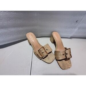 Bamboo Bobbie-37 Woven Raffia Block Heel Slide Sandals Gold Buckle Beige 10M